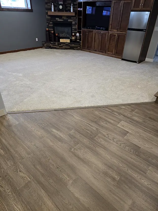Basement living area where carpet meets wood flooring